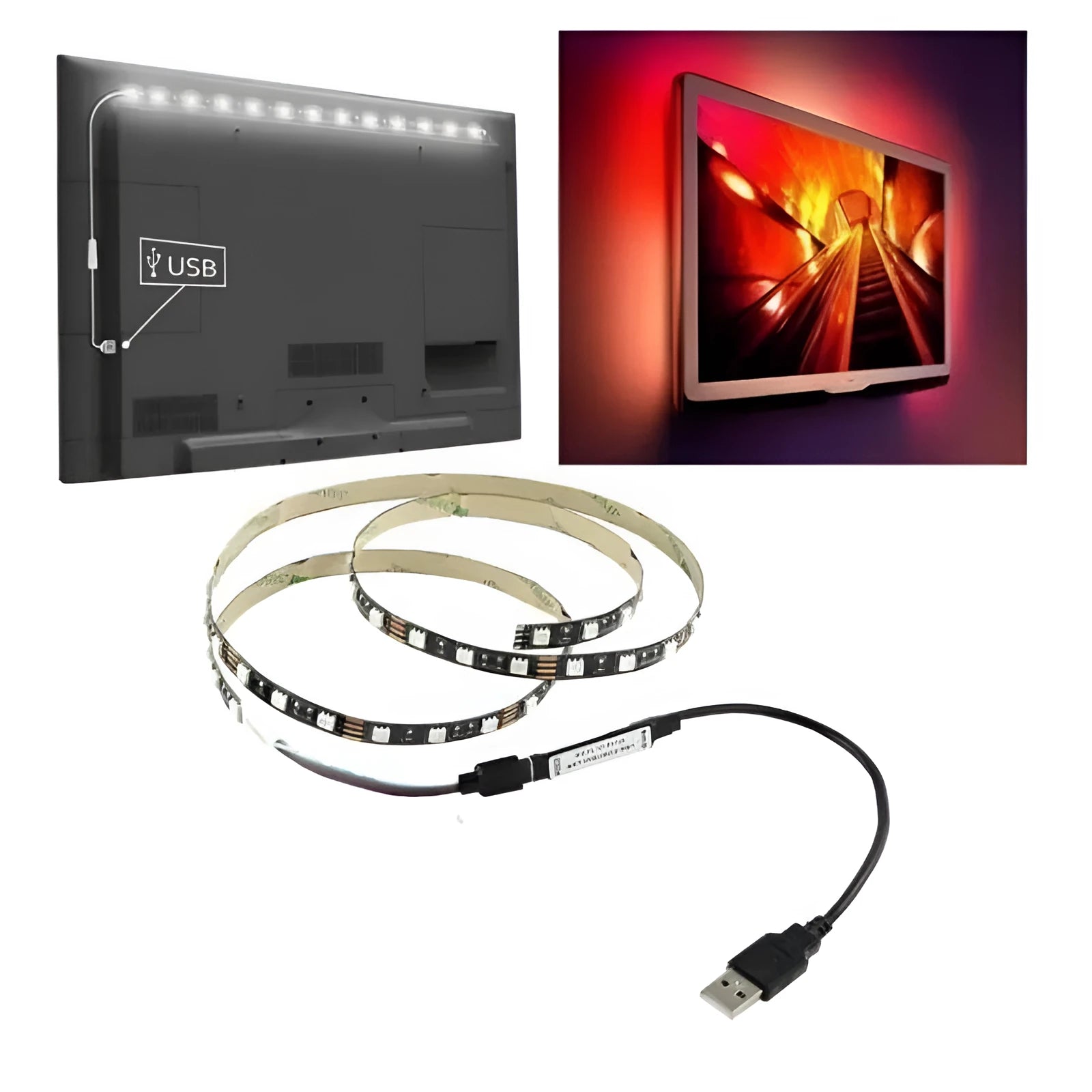 1 metre long flexible USB LED light strip showing SMD5050 chips, with a connected USB cable.
