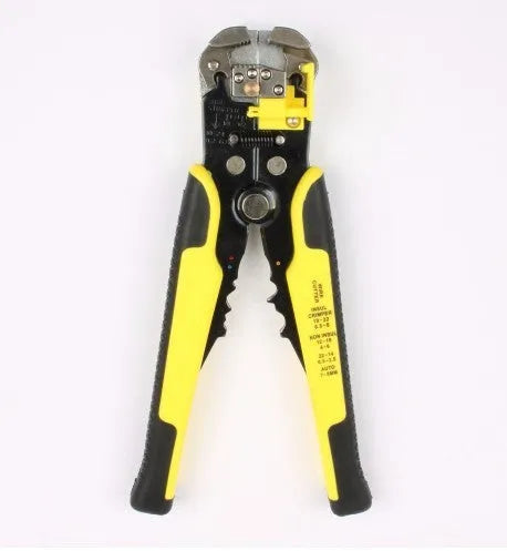 Yellow automatic 3-in-1 wire stripper crimping plier tool with adjustment screw on handle.