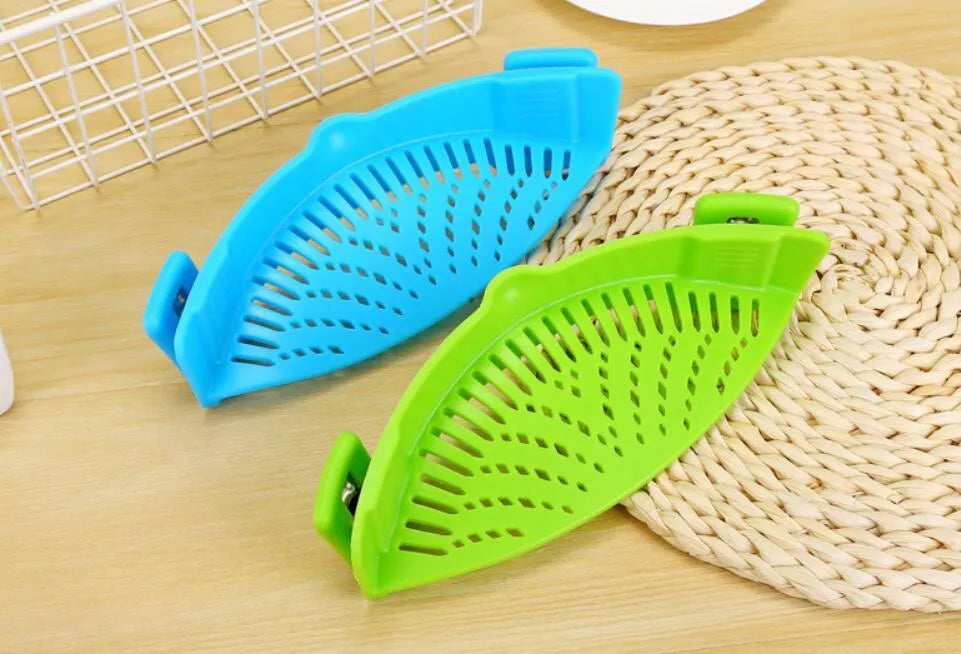 Silicone clip-on pot funnel strainer with stainless steel insert for draining liquids