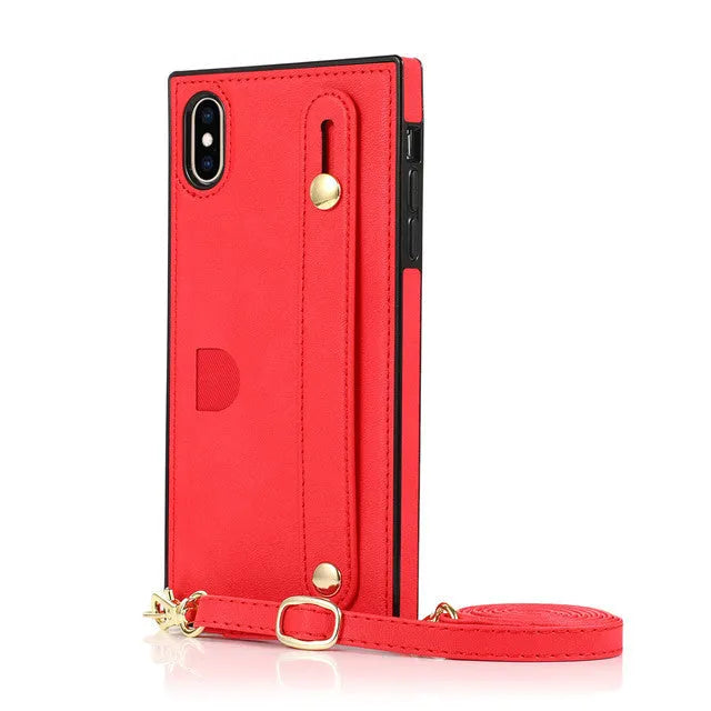 Leather iPhone case with card holder slot and wristband holster in multiple colour options