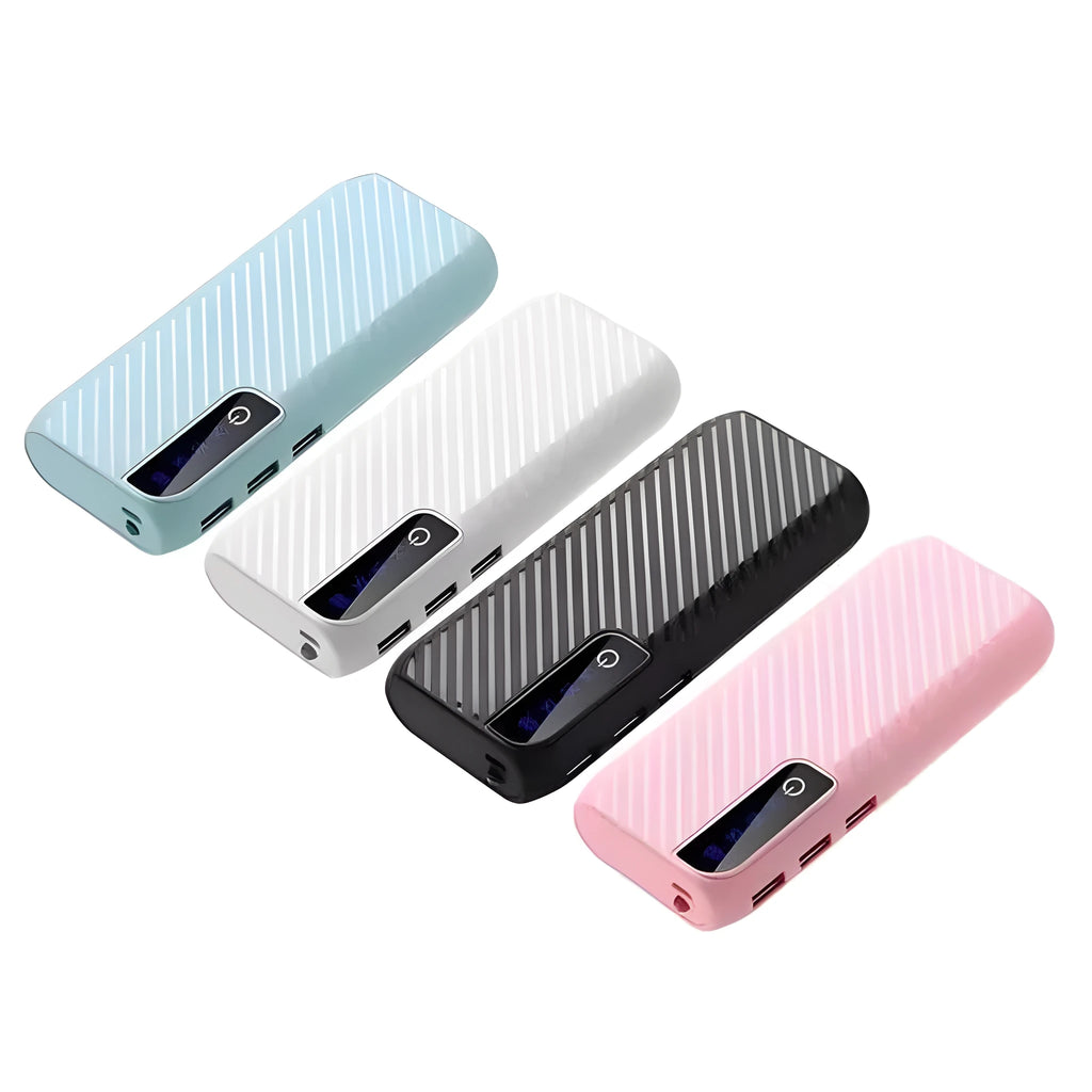 20000mAh mini power bank in black, blue, pink, or white, showing compact size and USB ports.