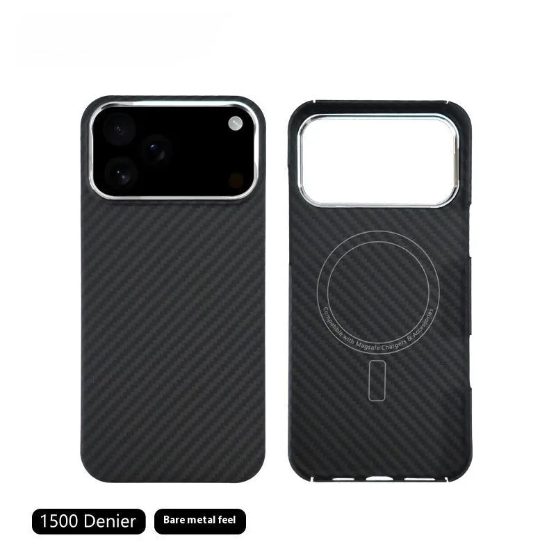 Black aramid fibre magnetic phone case with 6D micro relief lattice pattern for Apple iPhone 17 series