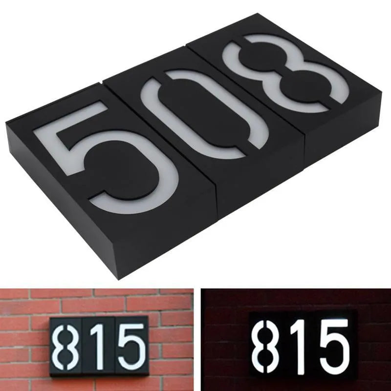Solar powered house number light with LED illumination and waterproof housing for outdoor installation