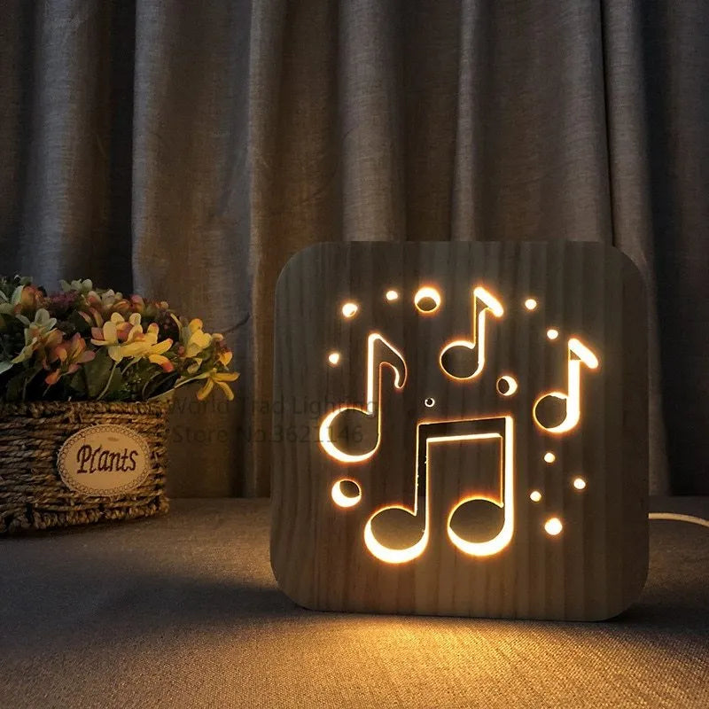 Pine wood USB-powered LED atmosphere light emitting warm white 3D glow.