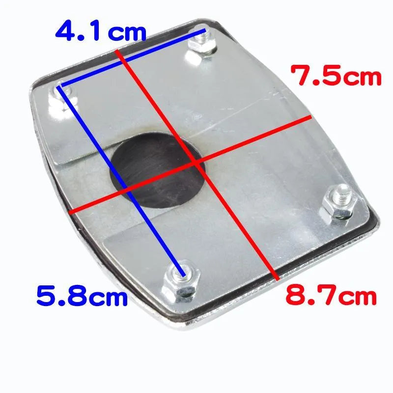 Metal motorcycle brake pedal skid plate showing three design options: Foot Pedal, Square Foot Pedal, and Small Brake Plate