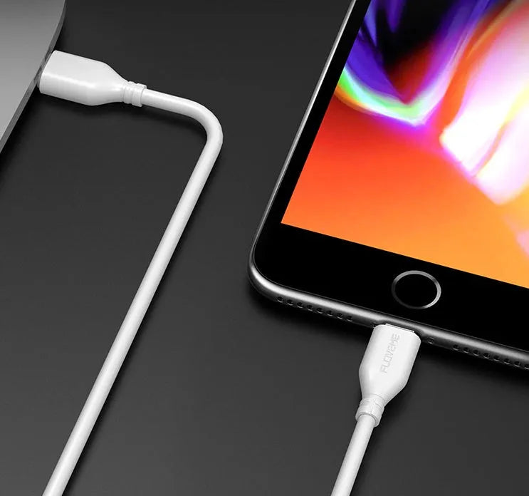 White braided USB-C to Lightning charging cable for iPhone with reinforced connectors