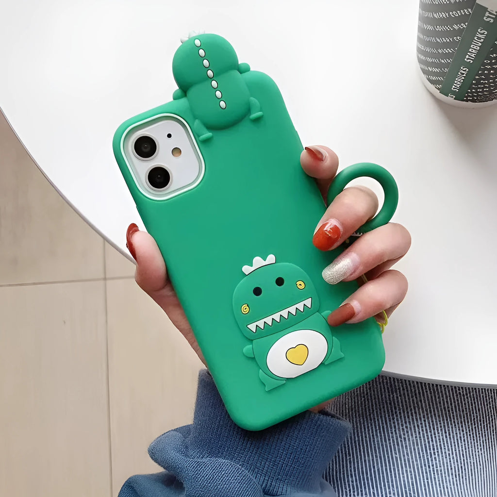 Green silicone phone case with a cartoon animal design for Apple iPhone models.