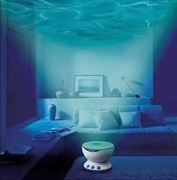 Blue ocean theme LED projection lamp mounted on a ceiling for children's room activities.