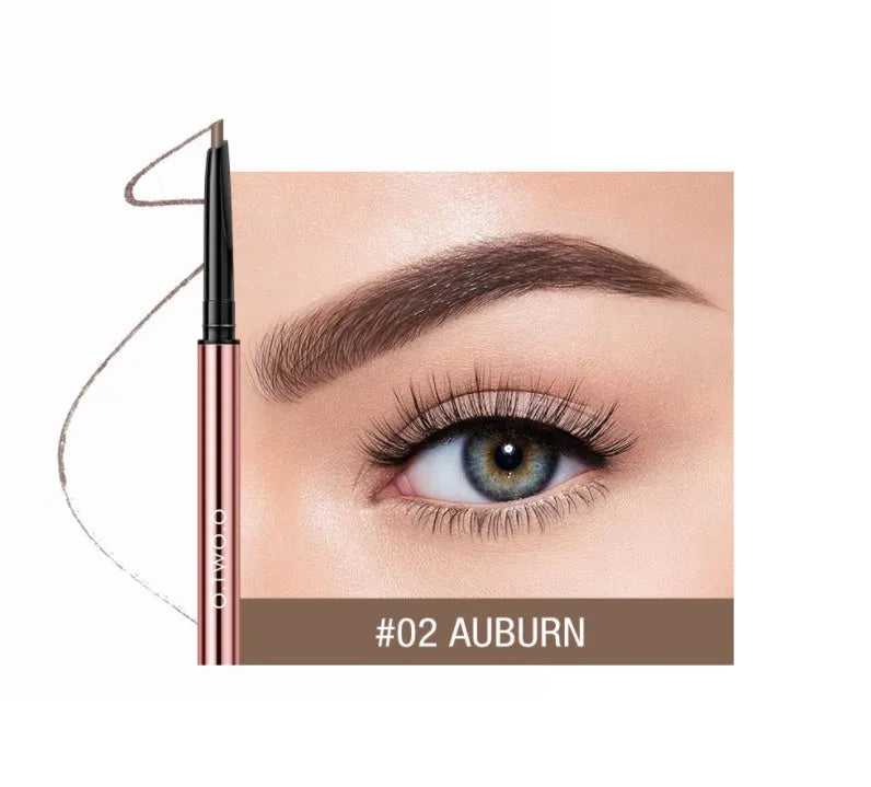 Triangular eyebrow pencil in plastic case with six shade options including blonde, taupe and dark brown