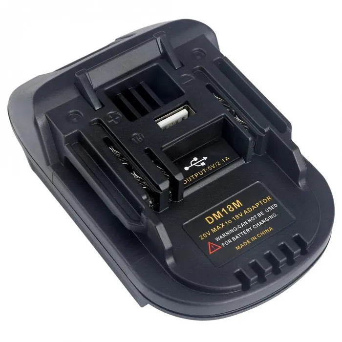 Black battery adapter converting Milwaukee DM18M to Makita H99F tools, 125x90x65mm