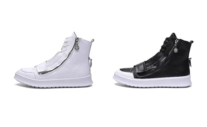 Men's black and white PU leather winter ankle boots in high-top sneaker style showing size range