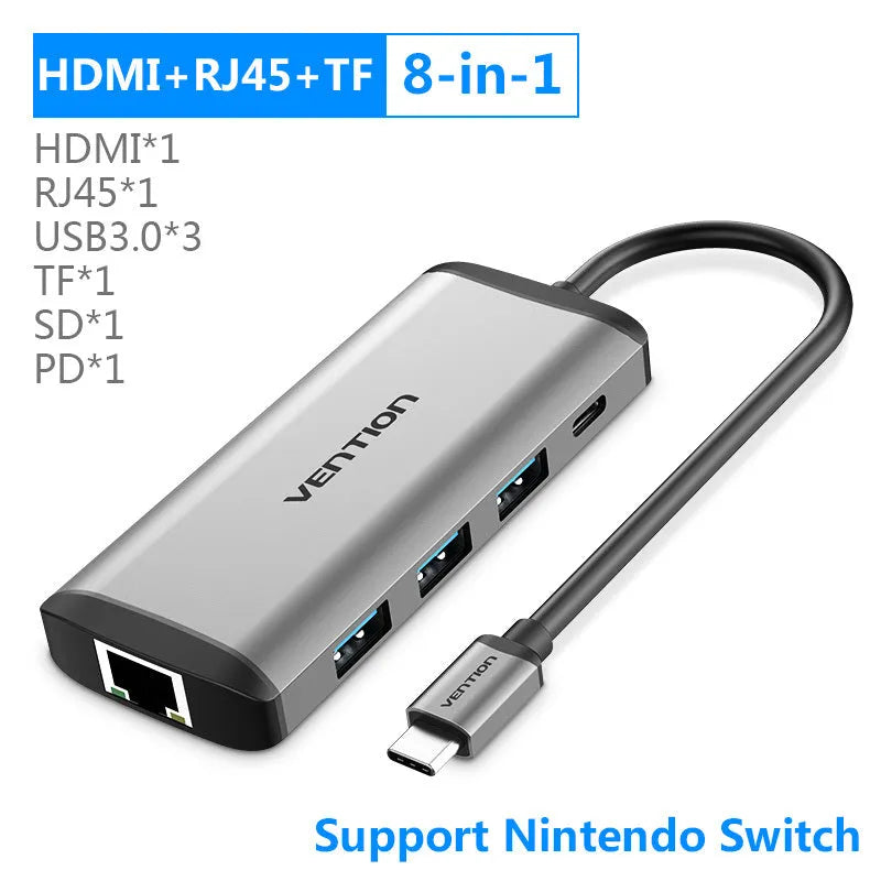 Deep grey USB-C hub converter with HDMI, USB 3.0, Ethernet, and memory card ports showing aluminium alloy construction