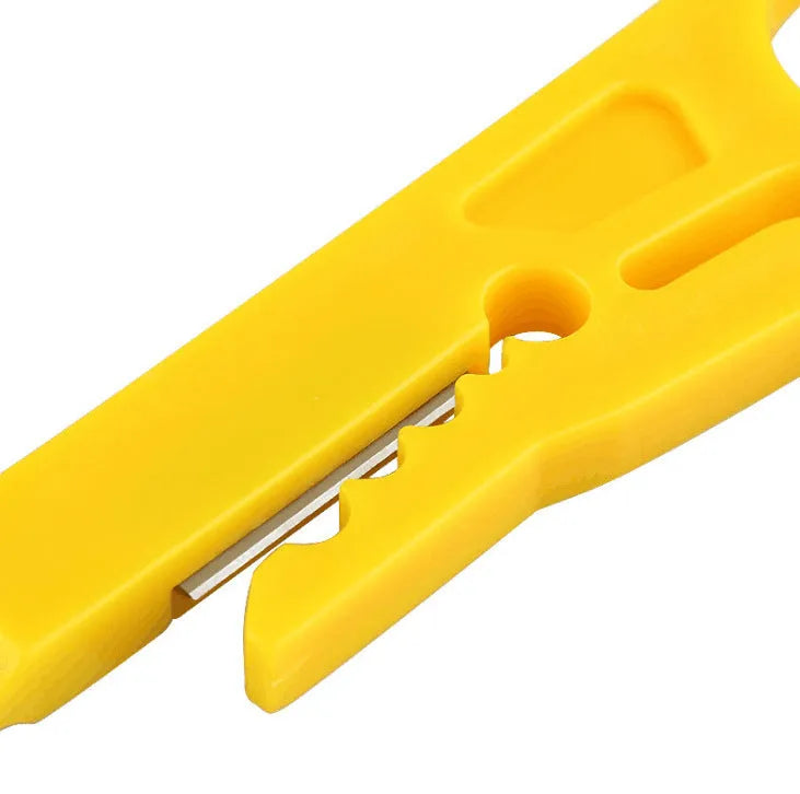 Yellow mini portable wire stripper tool with a metal blade for 0.6 mm cables.