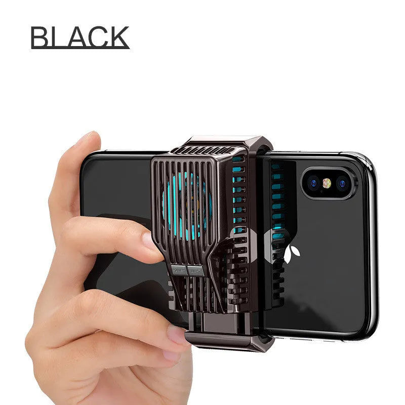 Black mobile phone radiator with ceramic cooling panel attached to smartphone