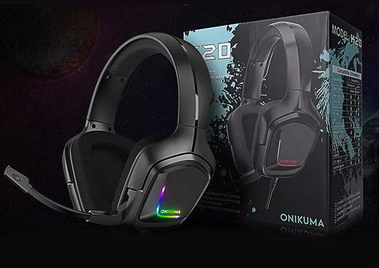 RGB gaming headset with cloth ear cushions and braided cable in black, camouflage grey, or white colour options