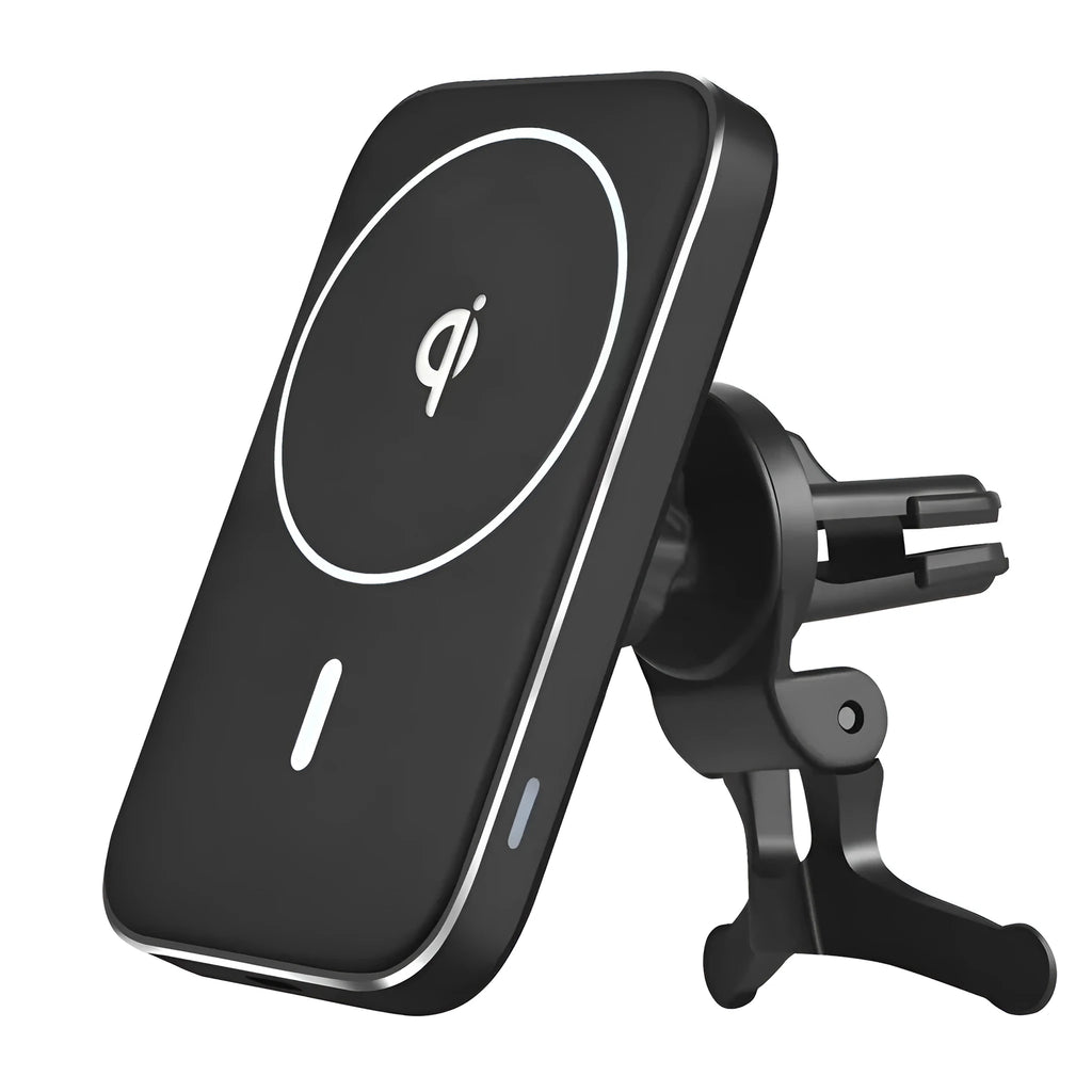 Black M6 magnetic car wireless charger bracket showing USB port and LED indicator light