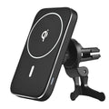 Black M6 magnetic car wireless charger bracket showing USB port and LED indicator light