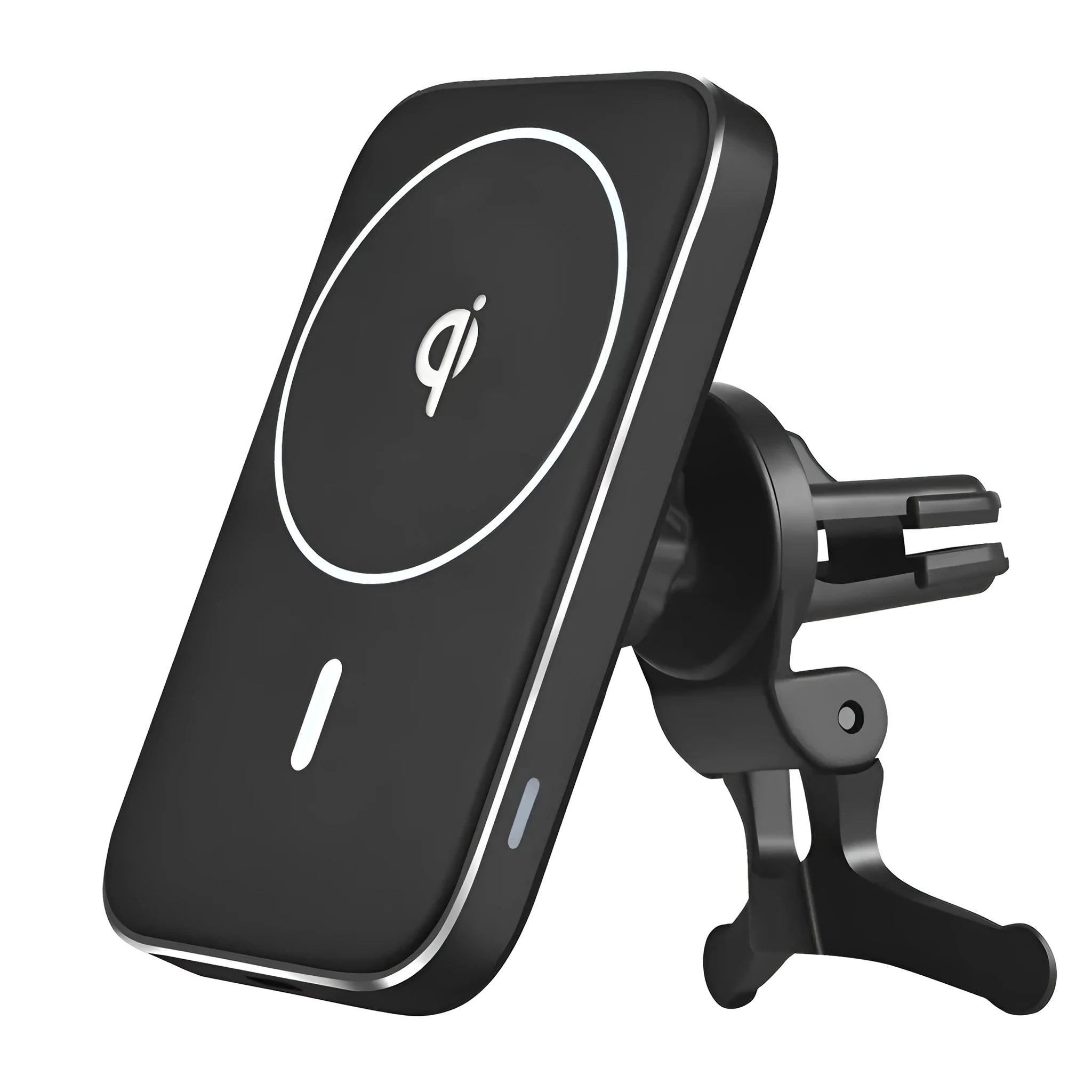 Black M6 magnetic car wireless charger bracket showing USB port and LED indicator light