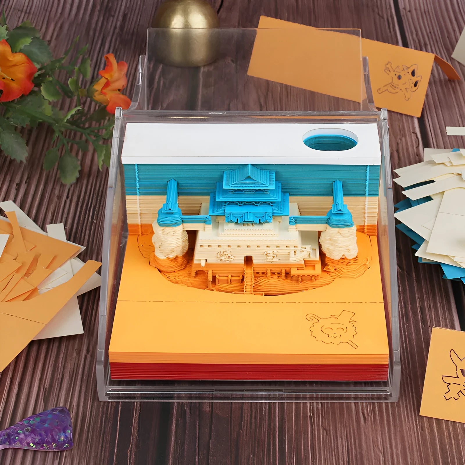 One Piece anime architecture sticky notes notepad showing 80x45mm craft paper sheets with hand tear edges