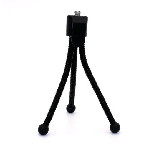Small black iron frame mini tripod with ball head, shown collapsed to 110mm next to a mobile phone.