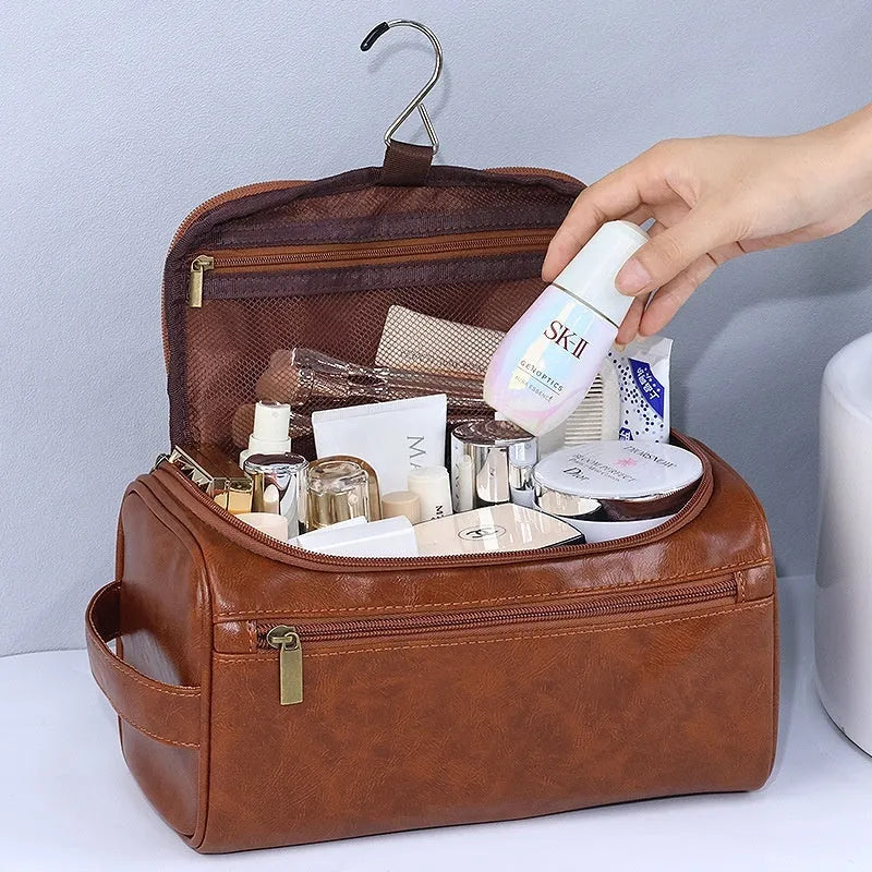 Large capacity men's waterproof cosmetic bag in PU brown with carry handle, 25x14x13cm