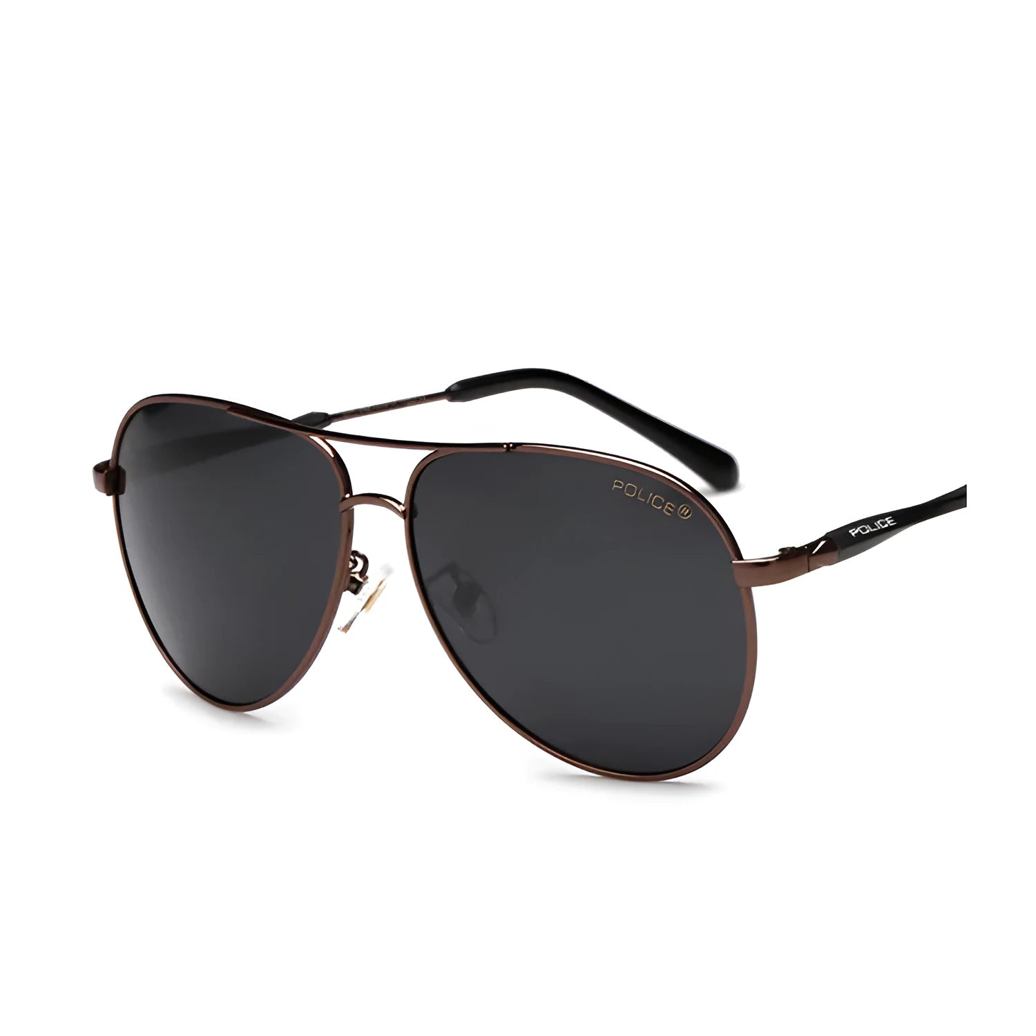 Men's polarised sunglasses with metal frame and black TAC lenses on a reflective surface