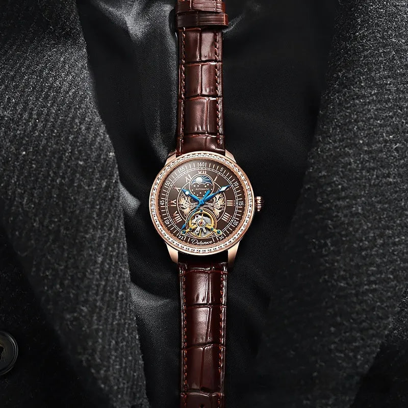 Waterproof men's mechanical watch with transparent case back showing movement inside, stainless steel strap with butterfly buckle