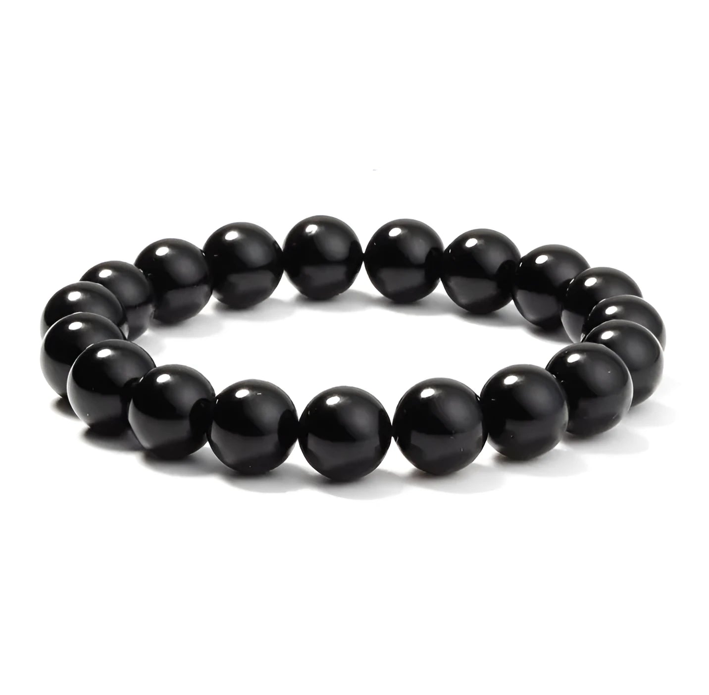 Close-up of a women's geometric bracelet with black agate beads on a black elastic cord.