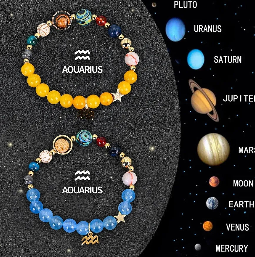 Twelve zodiac sign natural stone beaded bracelet set showing adjustable design and astrological symbols