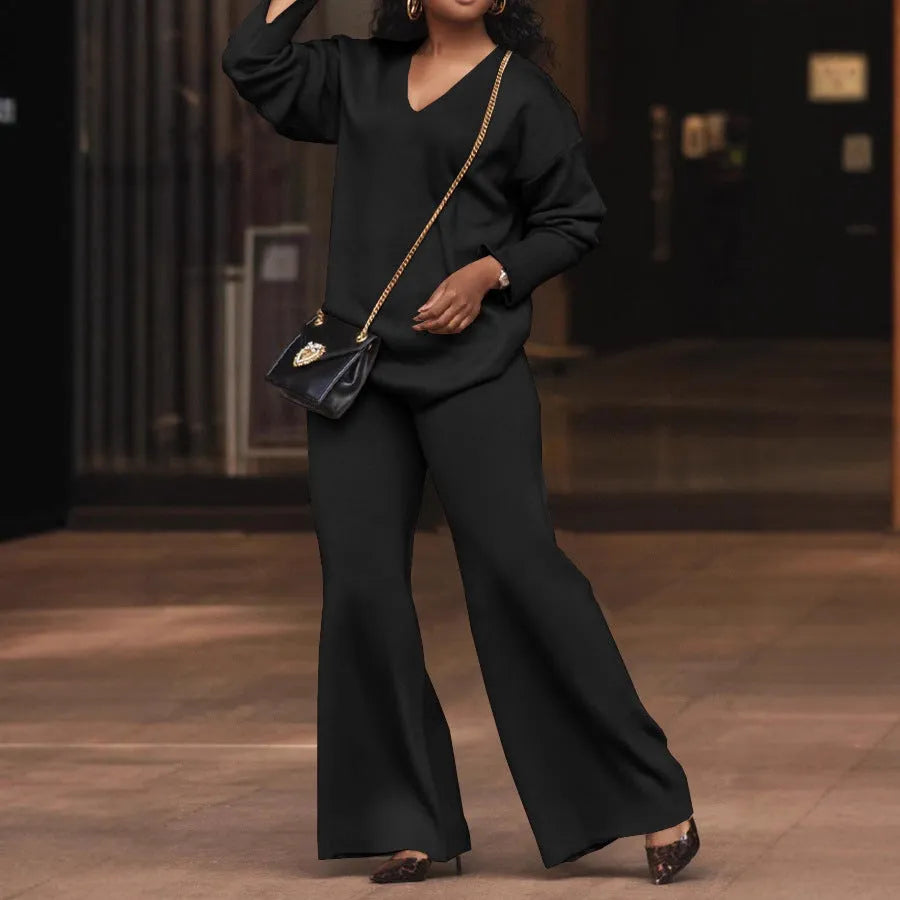Women's brown thickened velvet two-piece suit with split sleeve top and matching trousers in Japanese Korean casual style