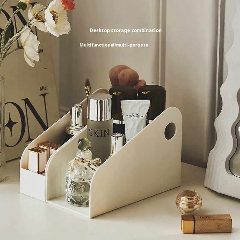 Desktop storage box with two-tier grid compartments in ivory white or milk coffee colour