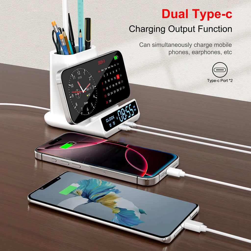 Wireless charging lamp with pen holder storage compartments in black modern design