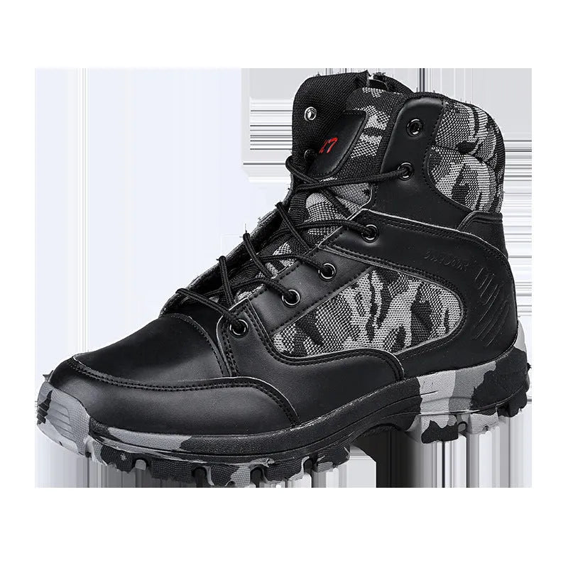 Men's black and camouflage high-top hiking shoes with artificial PU upper and metal eyelets