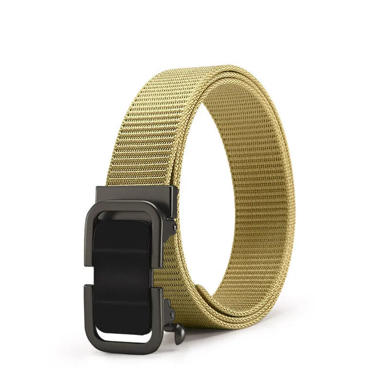 Men's nylon canvas belt with an alloy buckle shown in army green colour with a silver buckle.