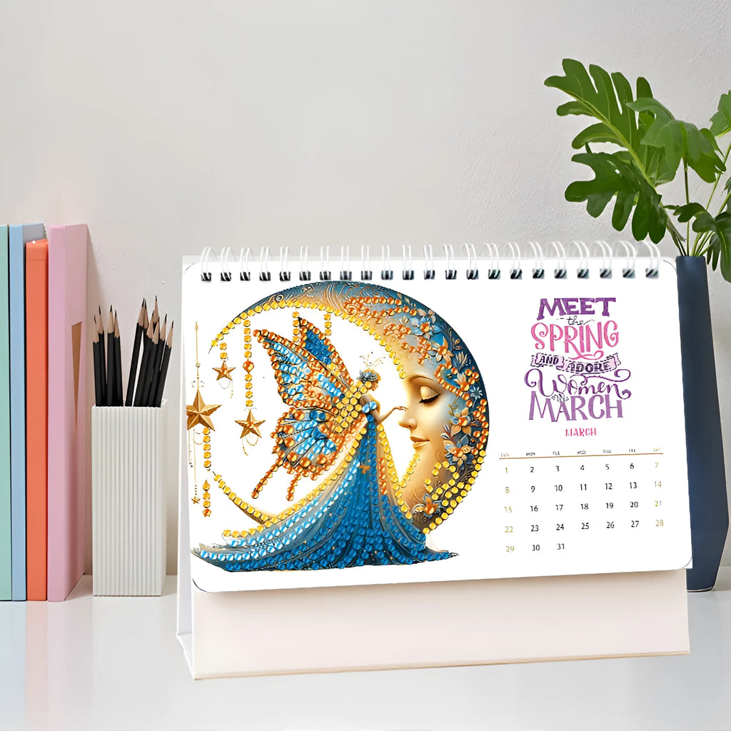 White card desk calendar with cartoon diamond painting and stick-on crystals frameless modern simplicity