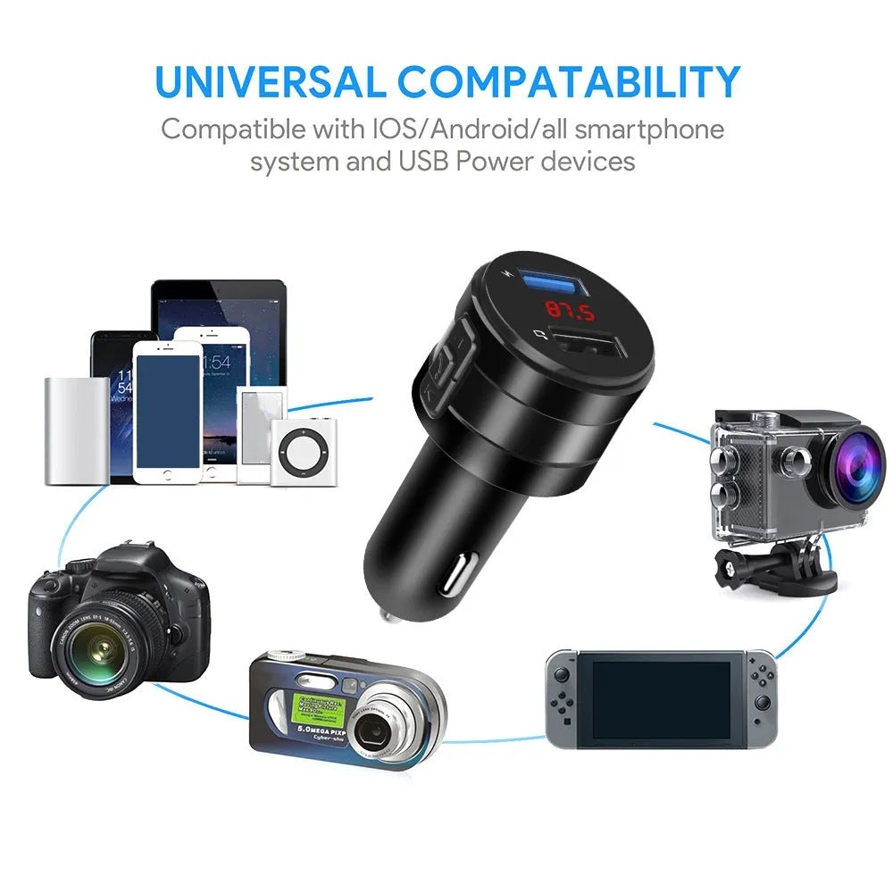 Car Bluetooth hands-free FM transmitter black with 1.2-inch monochrome screen and USB TF interfaces for MP3 playback