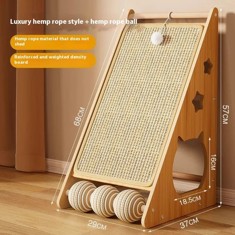 Vertical wall-mounted cat scratch board with sisal surface and hemp rope ball design