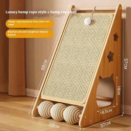 Vertical wall-mounted cat scratch board with sisal surface and hemp rope ball design