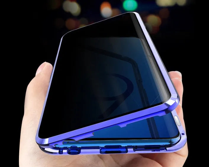 Black anti-peeping magnetic clamshell phone case for Samsung Galaxy phone, showing closed design.