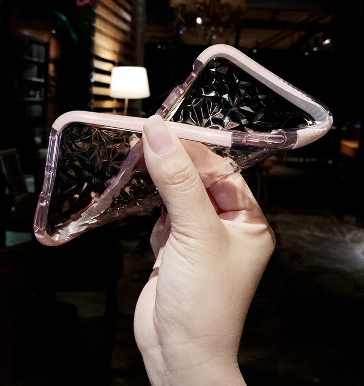 TPU iPhone back cover case with striped pattern shown in pink with white edge colour.