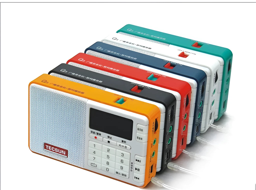 Tecsun Q3 portable digital audio player and FM broadcast recorder in choice of colours.