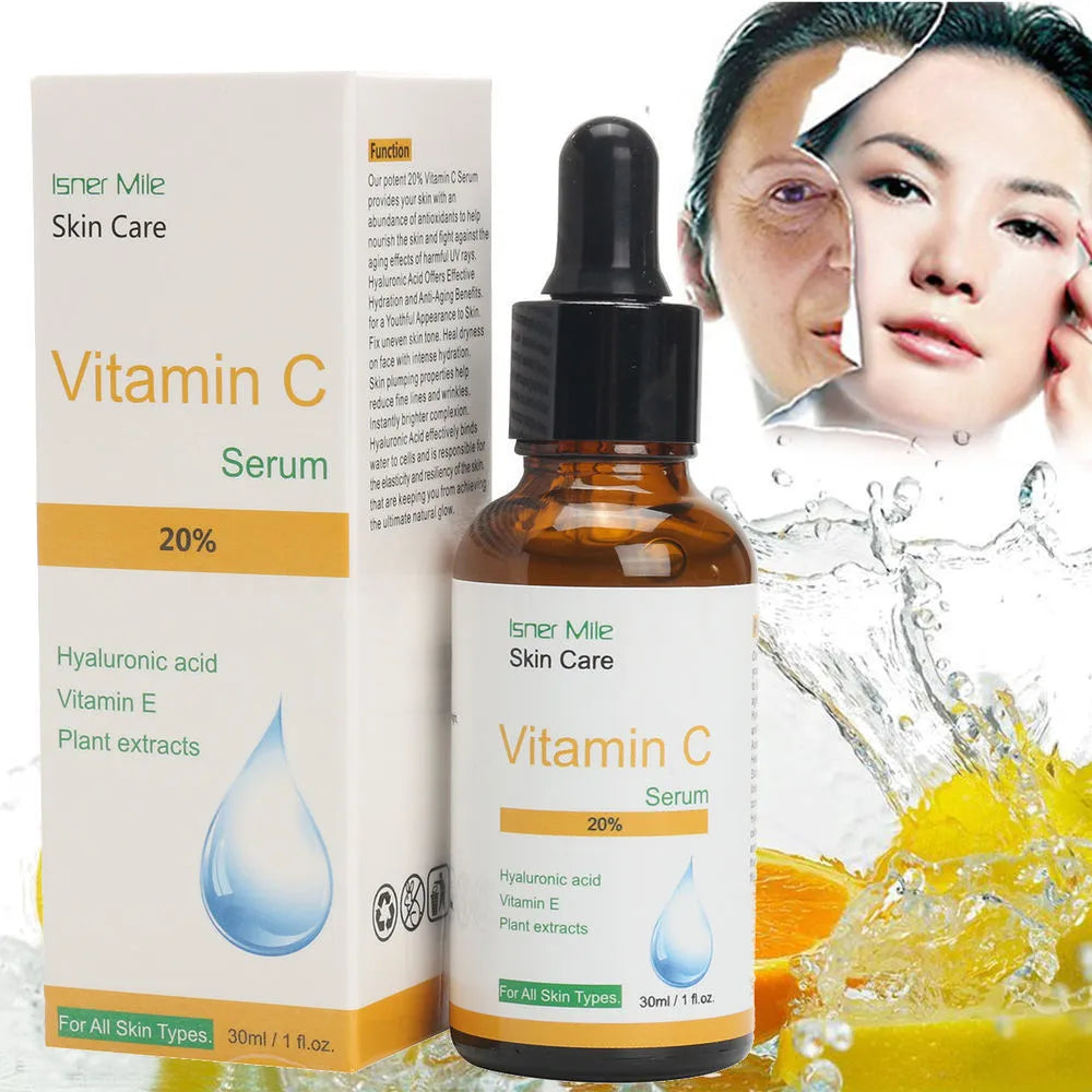 30ml bottle of vitamin C serum essence for facial brightening and antioxidant treatment