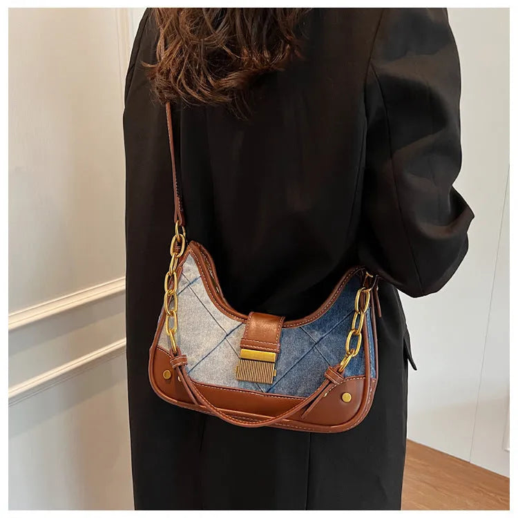 Brown denim women's shoulder bag with chain strap and diamond mesh detail