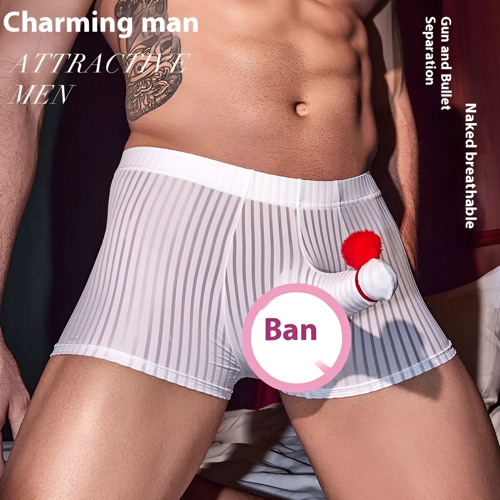 Men's black striped nylon boxer briefs shown flat, highlighting vertical pattern and elastic waistband.