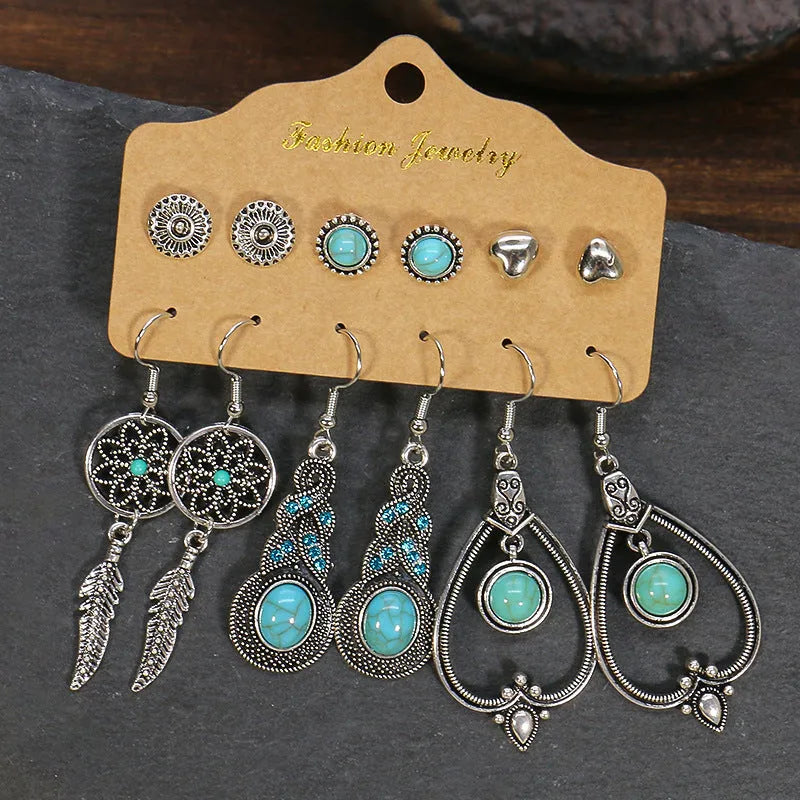 Bohemian earring set with alloy base, electroplated finish, tassel and beaded drop designs in heart shape