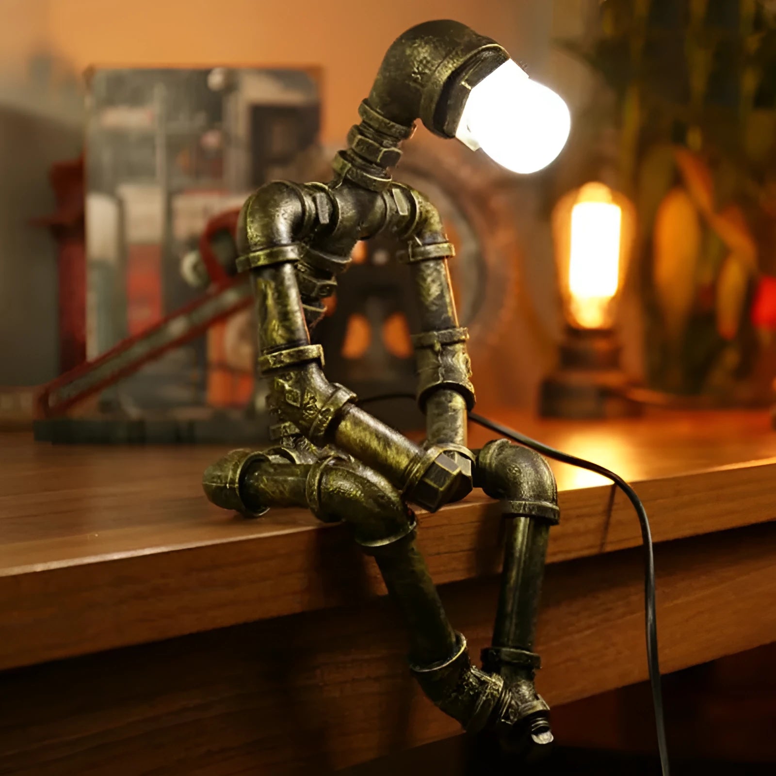 Robot vintage industrial table lamp with iron pipe construction in green bronze finish