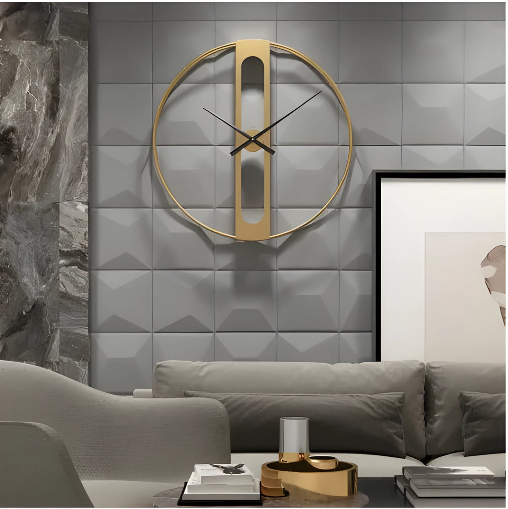 Round metal wall clock with 50cm diameter in black or gold colour on a wall.