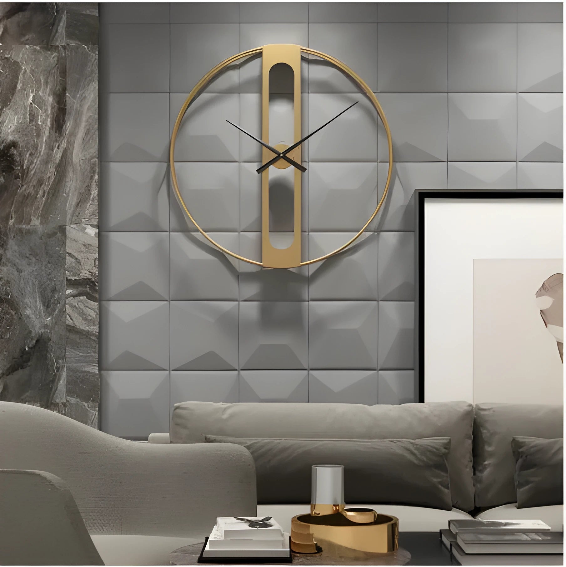 Round metal wall clock with 50cm diameter in black or gold colour on a wall.
