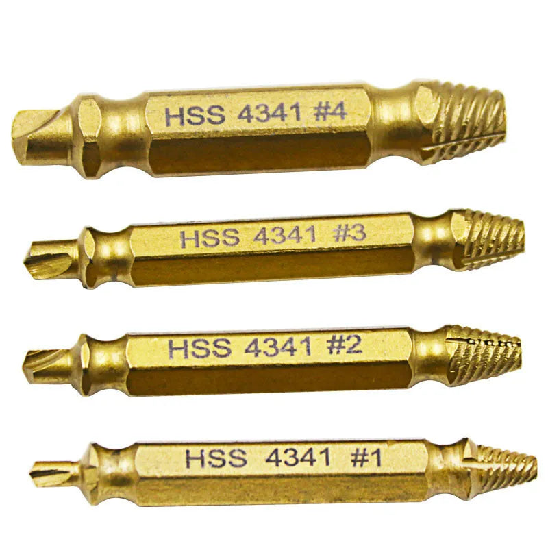 4341 high-speed steel screw extractor set with five tools for removing stripped screws and nails.