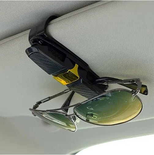 Car sun visor sunglasses clip with double clip carbon fibre finish and 180 degree rotation in silver
